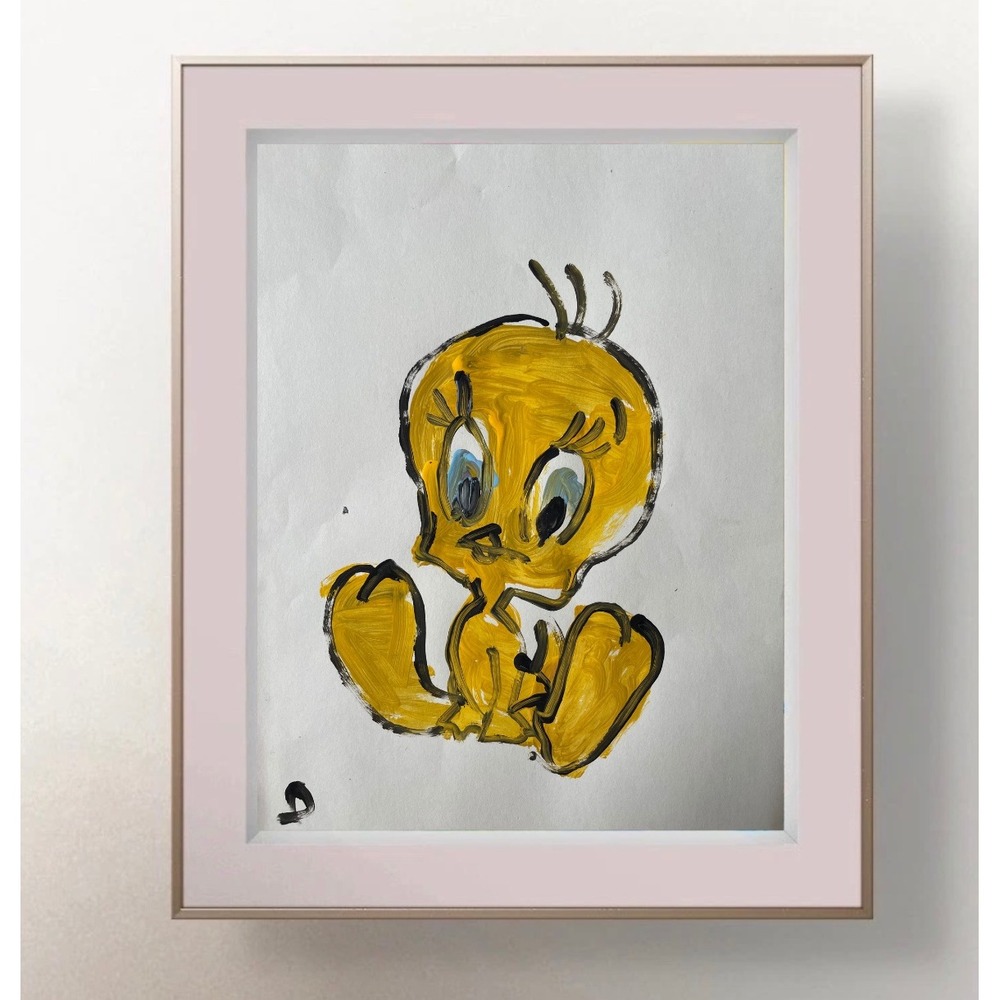 OMAN Original Tweety Bird Painting Hand Painted Art on Paper 8.5x11 Yellow